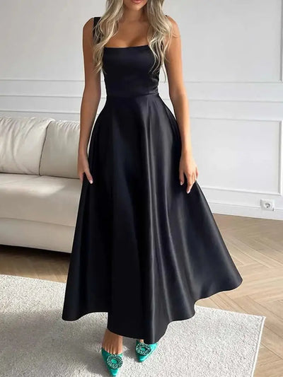 Elegant Midi Kjole – A-Linje Satin med Firkantet Halsudskæring-3