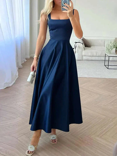 Elegant Midi Kjole – A-Linje Satin med Firkantet Halsudskæring-4