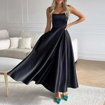 Elegant Midi Kjole – A-Linje Satin med Firkantet Halsudskæring-1