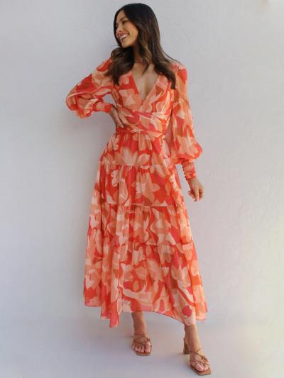 Leira | Maxikjole Med Lange Ærmer - Blomsterprint, Orange-3