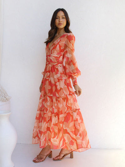 Leira | Maxikjole Med Lange Ærmer - Blomsterprint, Orange-1
