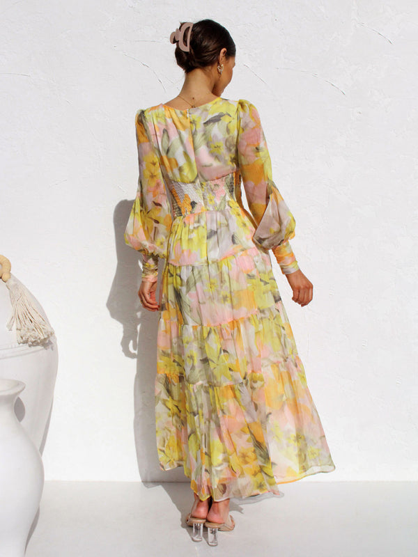 Leira | Maxikjole Med Lange Ærmer - Blomsterprint, Orange-5