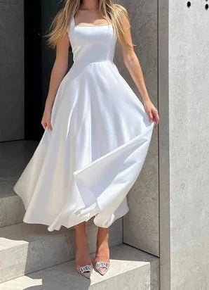 Elegant Midi Kjole – A-Linje Satin med Firkantet Halsudskæring-5