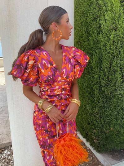 Marla | Maxi Kjole - Bladmønster, Orange, Lange ærmer-1