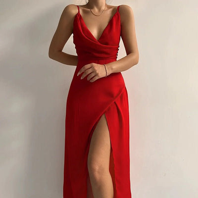 Callie Lang Kjole - Elegant V-Hals med Splits, Lange Festkjoler-4