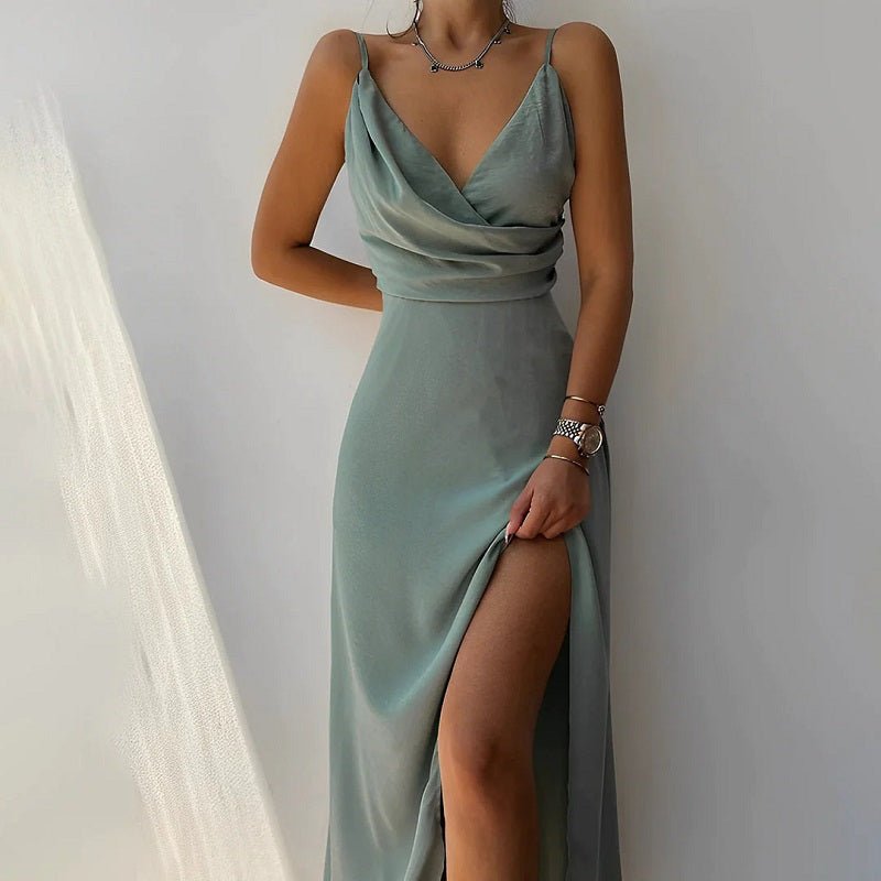 Callie Lang Kjole - Elegant V-Hals med Splits, Lange Festkjoler-2