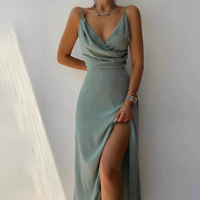 Variant image for Callie Lang Kjole - Elegant V-Hals med Splits, Lange Festkjoler-4